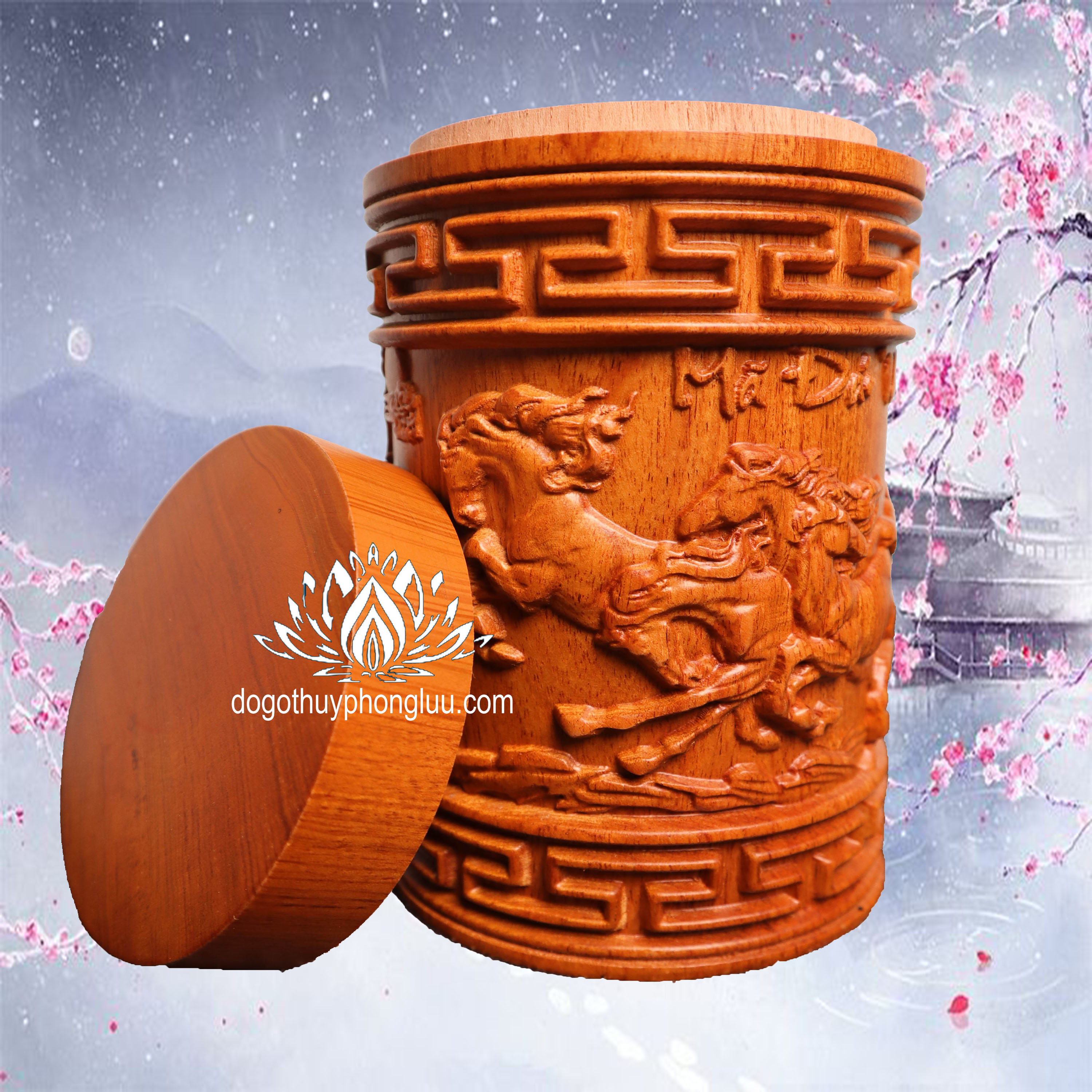 Hộp Đựng Chè Gỗ Hương Cao-Hộp chè tròn trạm hình mã đáo thành công