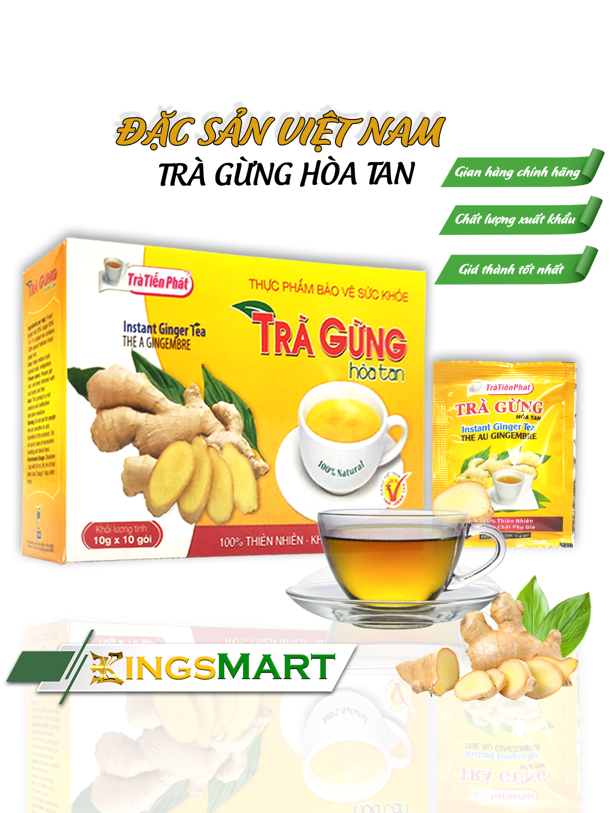 Trà Gừng Hòa Tan 100G - Thương hiệu TIẾN PHÁT - Đặc sản Quy Nhơn - Hộp 10 Gói x 10G/Gói - Kingsmart