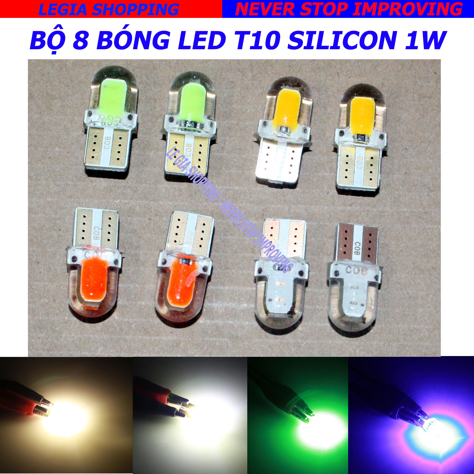 Bộ 8 BÓNG LED CHÂN T10 SILICON 1W MÀU VÀNG