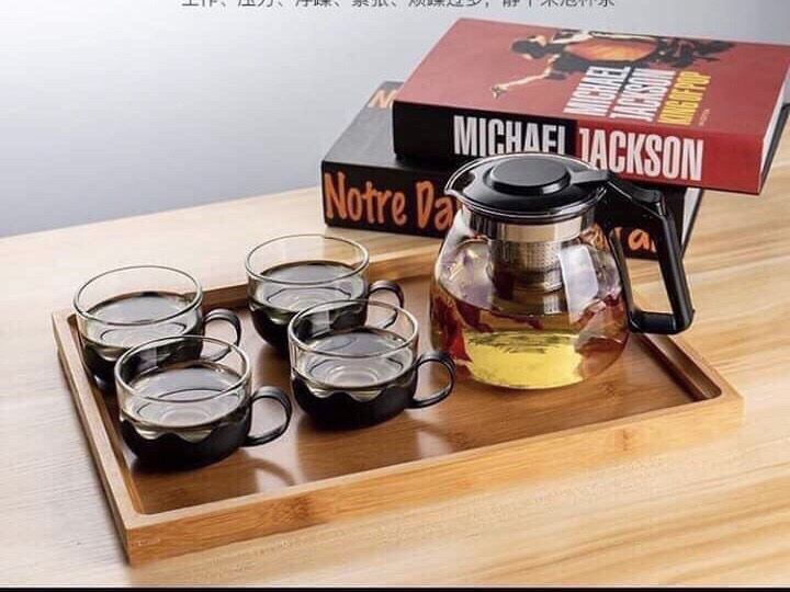 [BÌNH TRÀ] - BỘ ẤM TRÀ THUỶ TINH CÓ TÚI LỌC INOX DUNG TÍCH 1000ML + TẶNG KÈM 4 LY THUỶ TINH DUNG TÍCH 300ML SG-T027