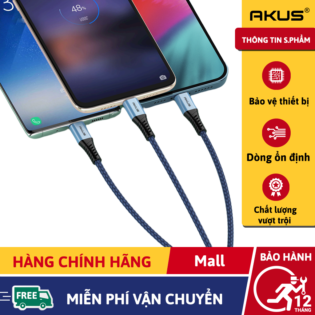 Dây cáp sạc nhanh 3 đầu akus-d58 - hàng chính hãng