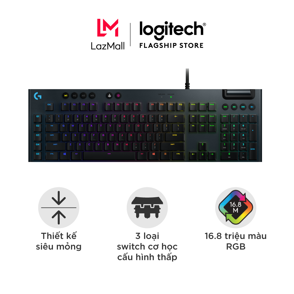Bàn phím game cơ học RGB Logitech G813 - 3 loại switch cấu hình thấp, cổng USB 2.0, 5 nút lập trình, media chuyên biệt, RGB Lightsync