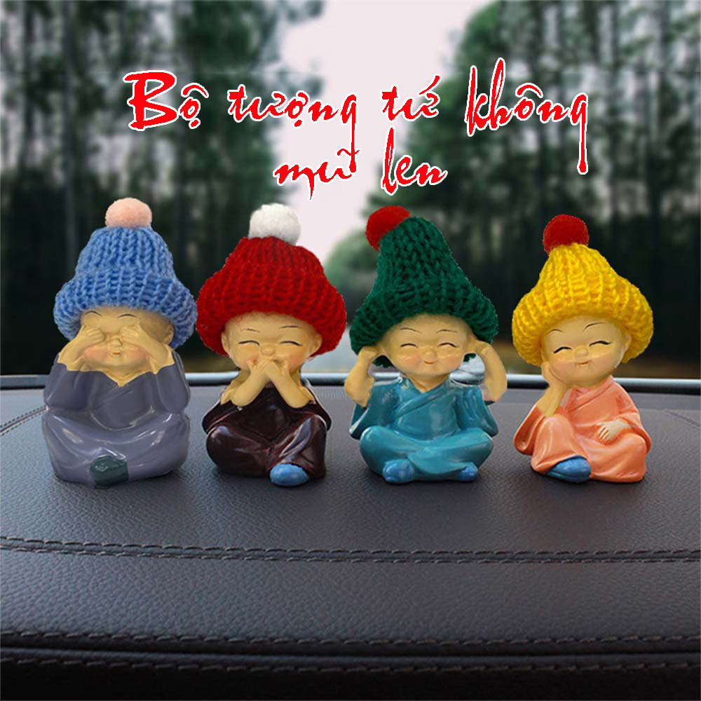 Bộ tượng tứ không đội nón len, tứ không mũ len, không nghe không nói không nhìn không động Decor Việt