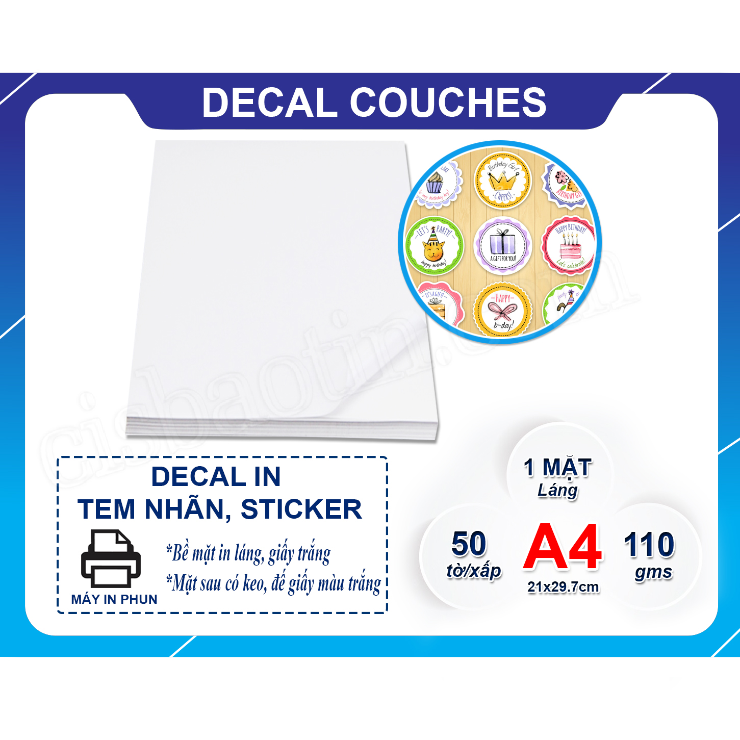 [HCM]DECAL COUCHE IN BẰNG MỰC PIGMENT- KHỔ A4/ XẤP 50 TỜ
