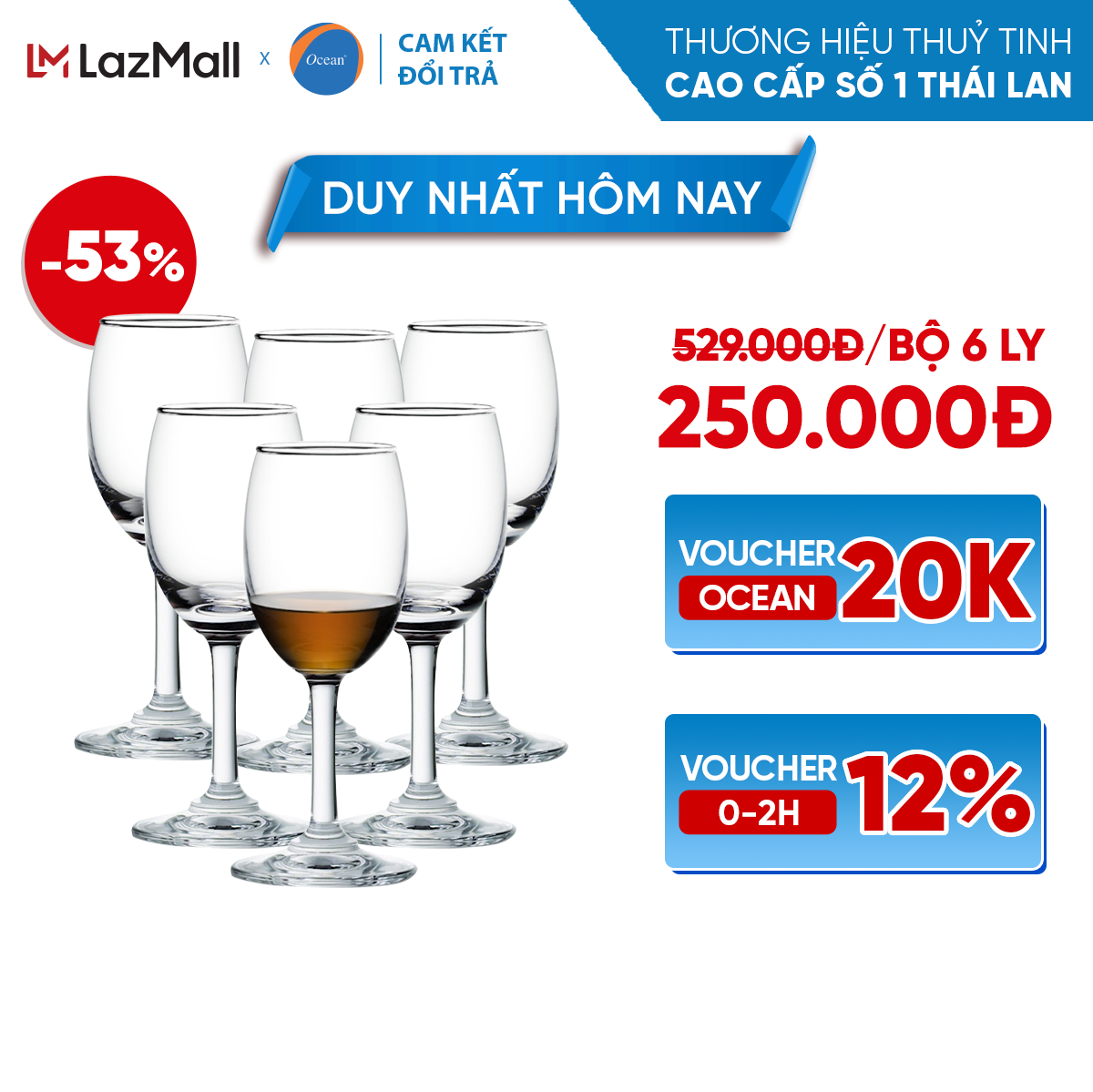 Bộ 6 ly/cốc rượu thủy tinh - ocean classic sherry 130ml - chính hãng