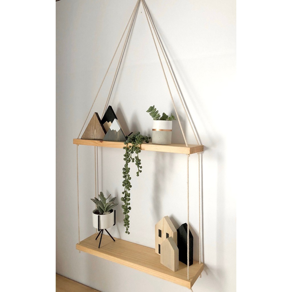 Kệ gỗ trang trí 2 tầng treo tường bằng dây gỗ ghép kích thước 60 x 10 cm - dây thừng gai