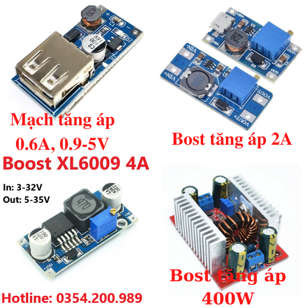 Mạch boost tăng áp dc-dc400w, 15a điện áp vào 8,5v-50v cho ra 10v-60v, tăng áp, xl6009 4a điện áp vào 3v-32v cho ra 5v-35v, tăng áp dc-dc mt3608 2a điện áp vào 2v-24v cho ra 5v-28v, tăng áp 0.9~5v lên 5vdc - 600ma tích hợp cổng usb