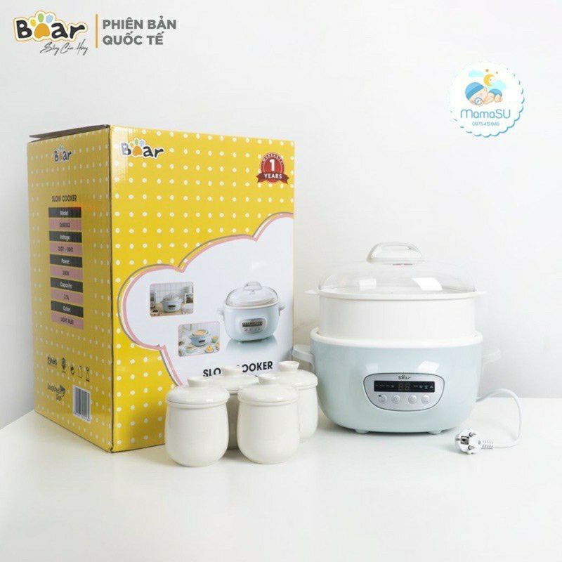 (BẢN QUỐC TẾ BH 12TH) Nồi Nấu Cháo Chậm Bear 2.5l gồm 1 thố 2.5l + 4 thố 0.4l kèm lồng hấp
