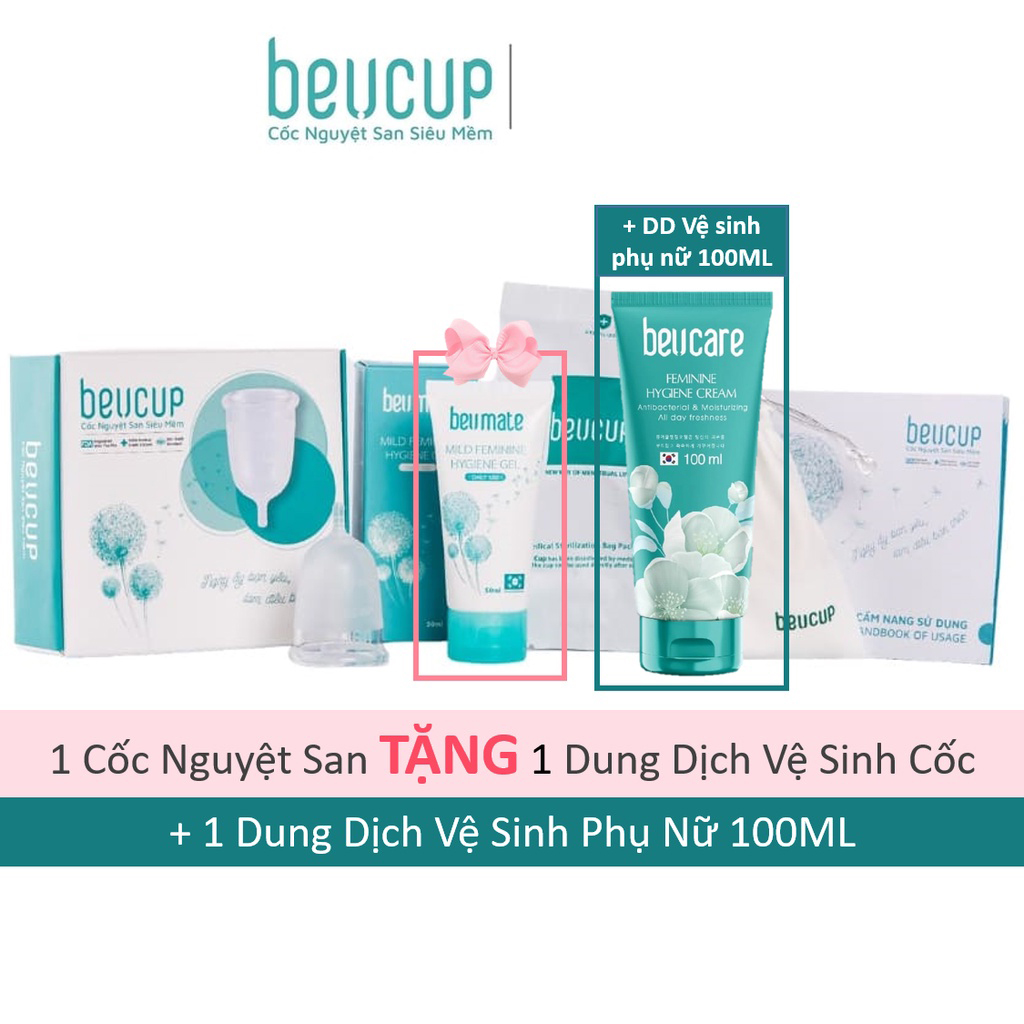 Bộ sản phẩm Cốc nguyệt san BeUcup siêu mềm silicol y tế tặng gel vệ sinh cốc và 1 dung dịch vệ sinh phụ nữ BeUcare