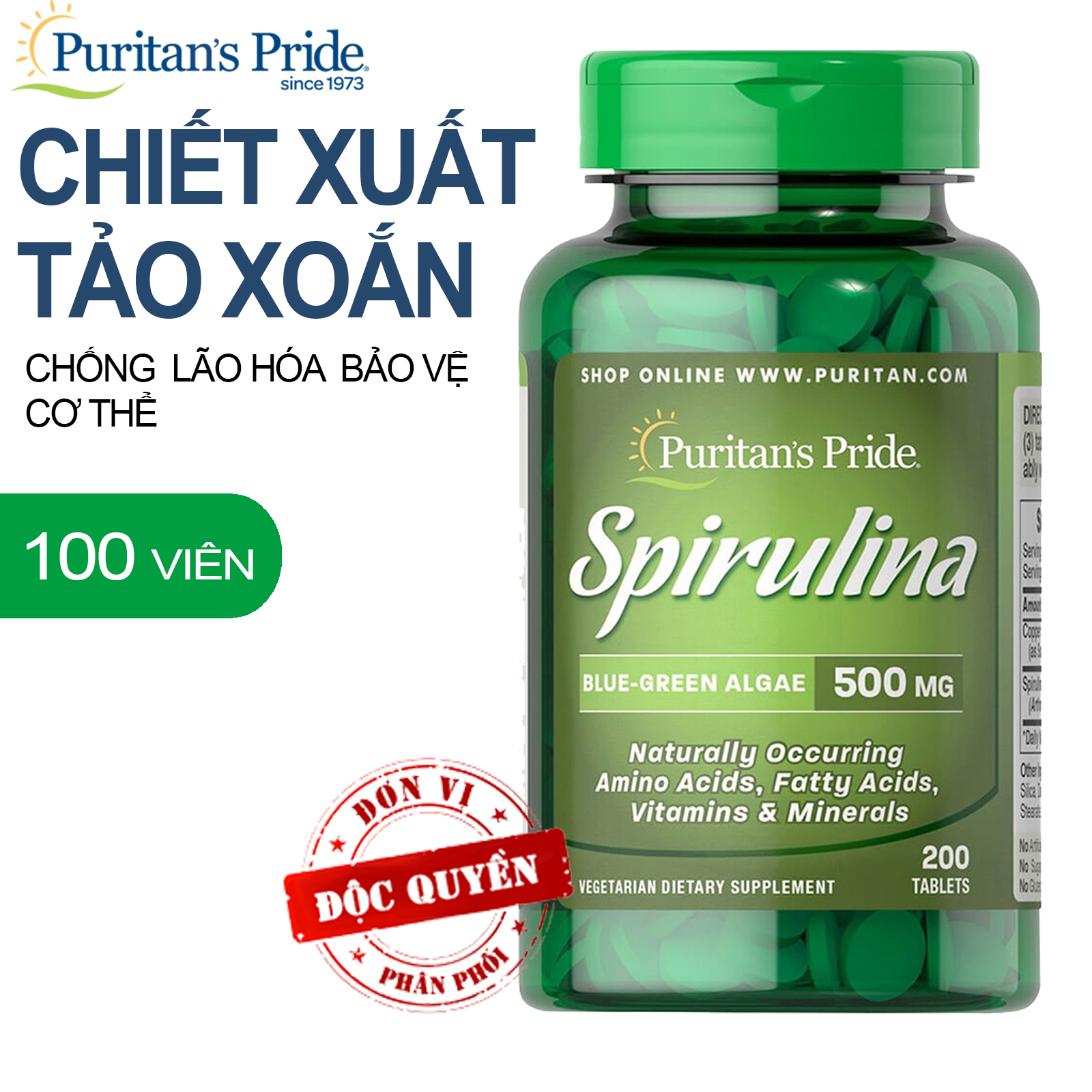 Tảo xoắn Spirulina giúp đẹp da, tóc, cân bằng hormone ở phụ nữ, hỗ trợ bệnh tiểu đường, tim mạch, tăng cường sức khỏe Puritan's Pride 500mg 200 viên tốt hơn 100 lần tao xoan nhat ban