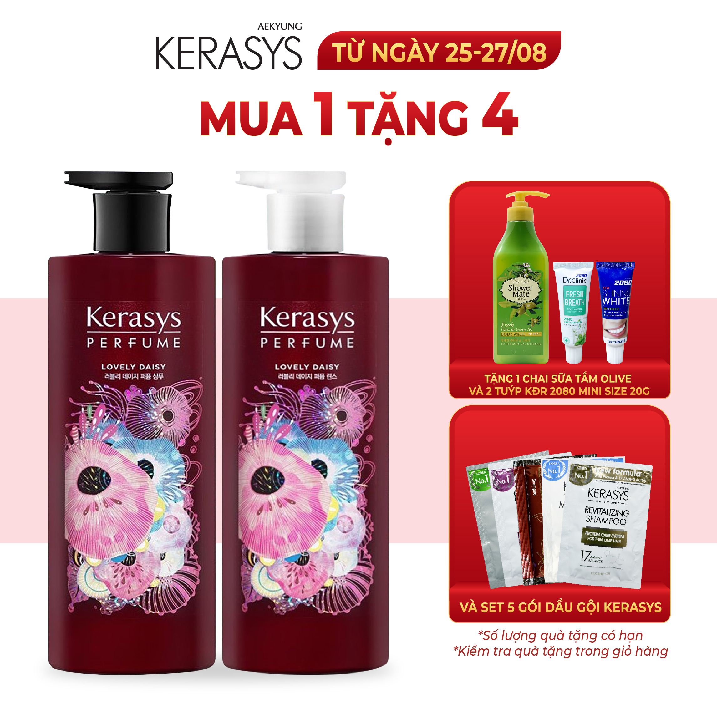 Cặp dầu gội xả nước hoa Kerasys Lovely Daisy cao cấp Hàn Quốc hương cúc rừng và xạ hương giúp làm sạch gàu 600ml