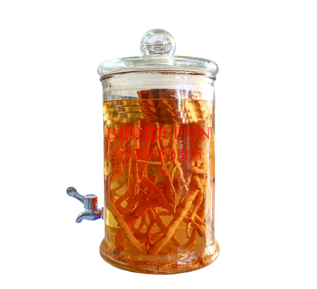 Bình thuỷ tinh ngâm rượu 6 lít có vòi ống trụ trơn
