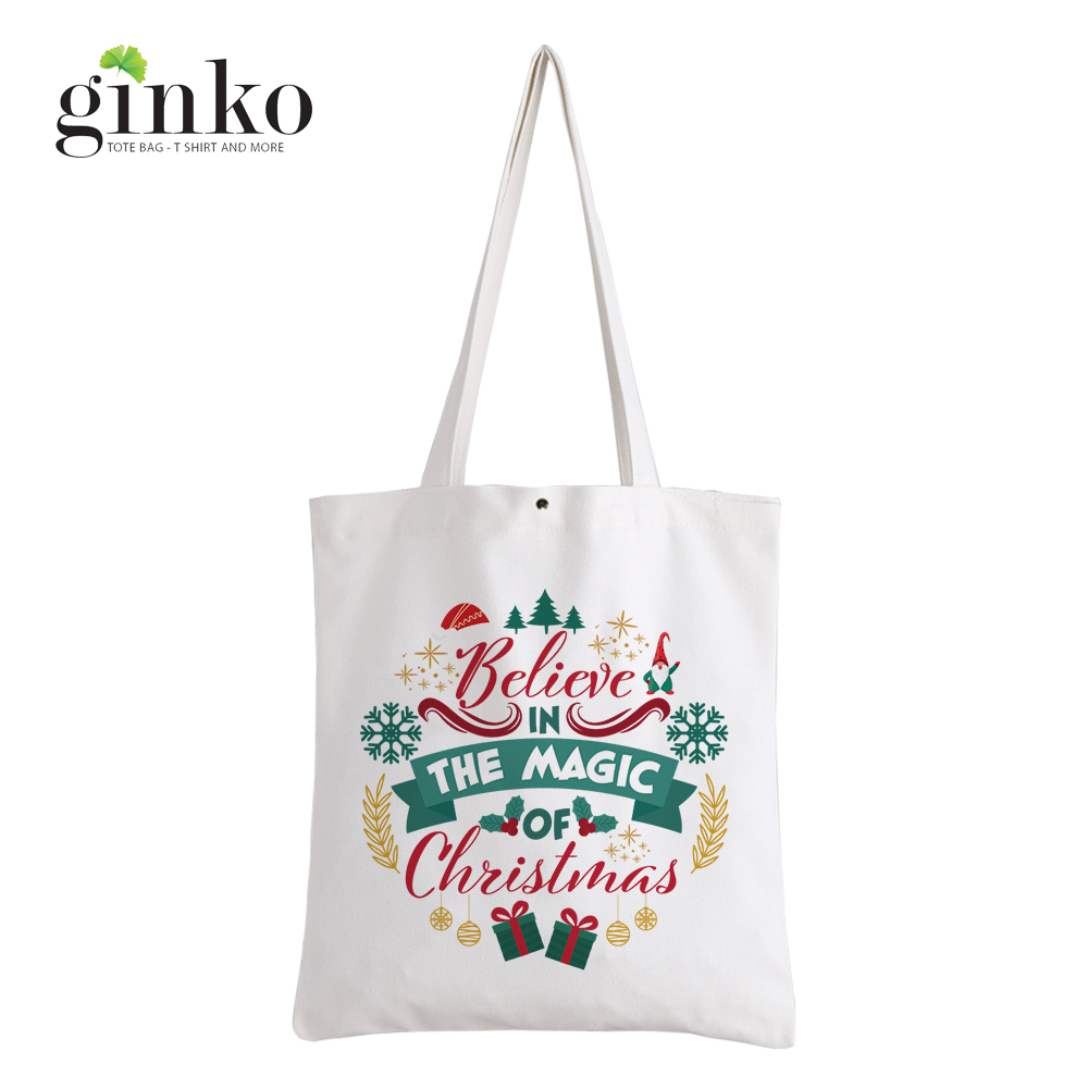 Túi Vải Tote GINKO Kiểu Basic Dây Kéo In Hình Merry Christmas (Nhiều Mẫu)
