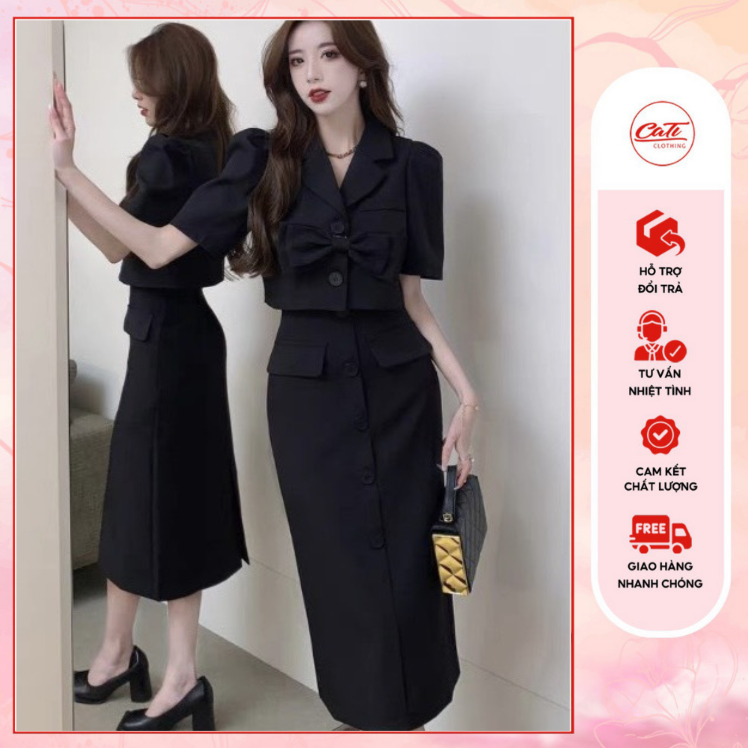 CATI Set váy vest gắn nơ sang chảnh