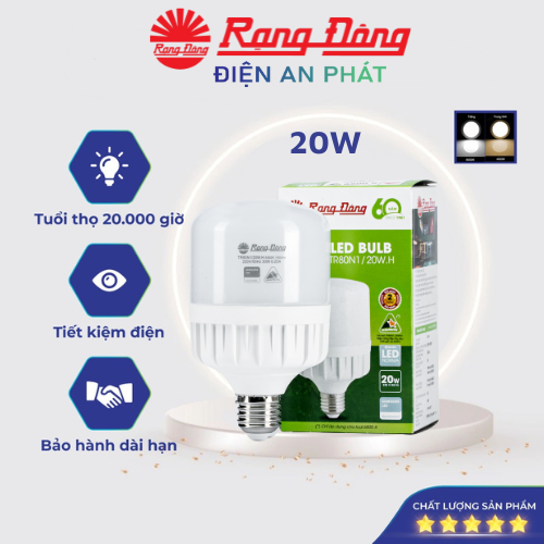 Bóng đèn led bulb trụ 20w rạng đông,siêu sáng, model led tr80n1/20w.h, bảo hành 2 năm, tiết kiệm điện