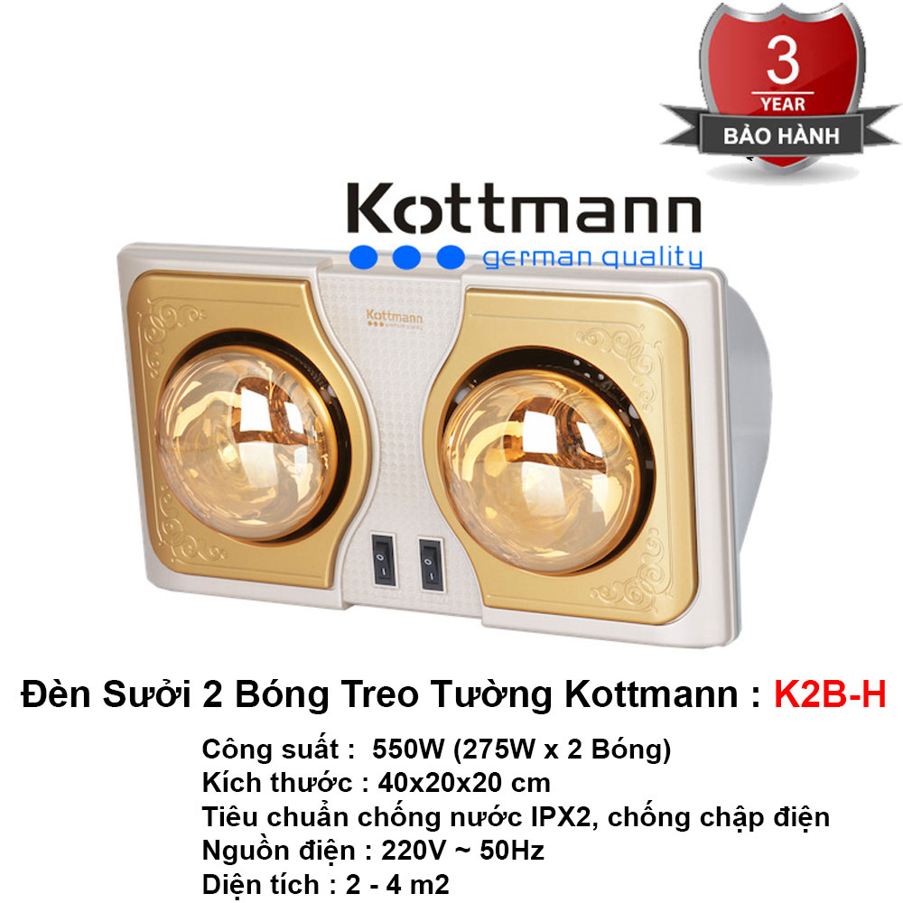 Đèn sưởi nhà tắm 2 bóng treo tường Kottmann K2BH