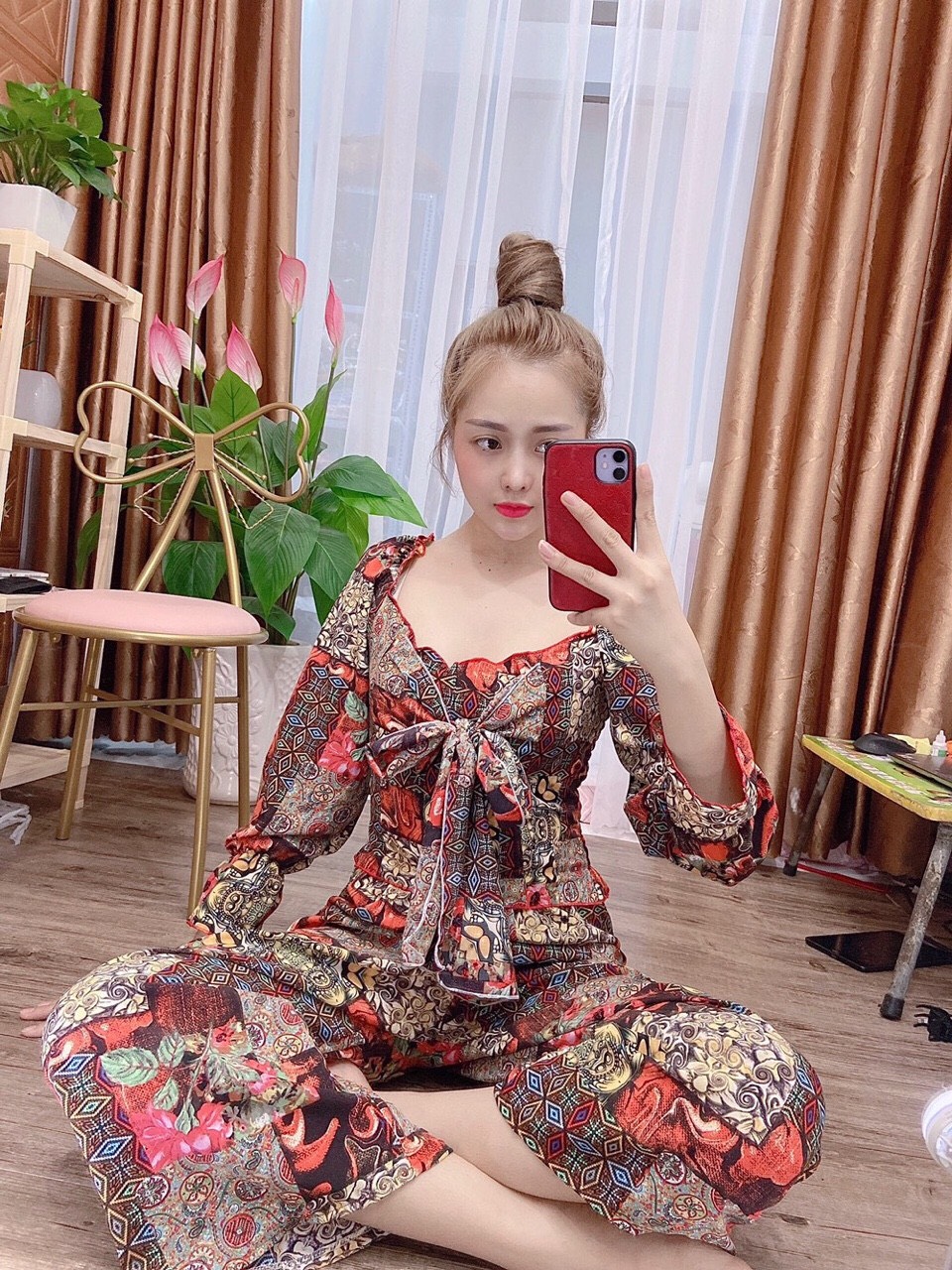 Set thổ cẩm nơ ngực tay dài siêu xinh m004