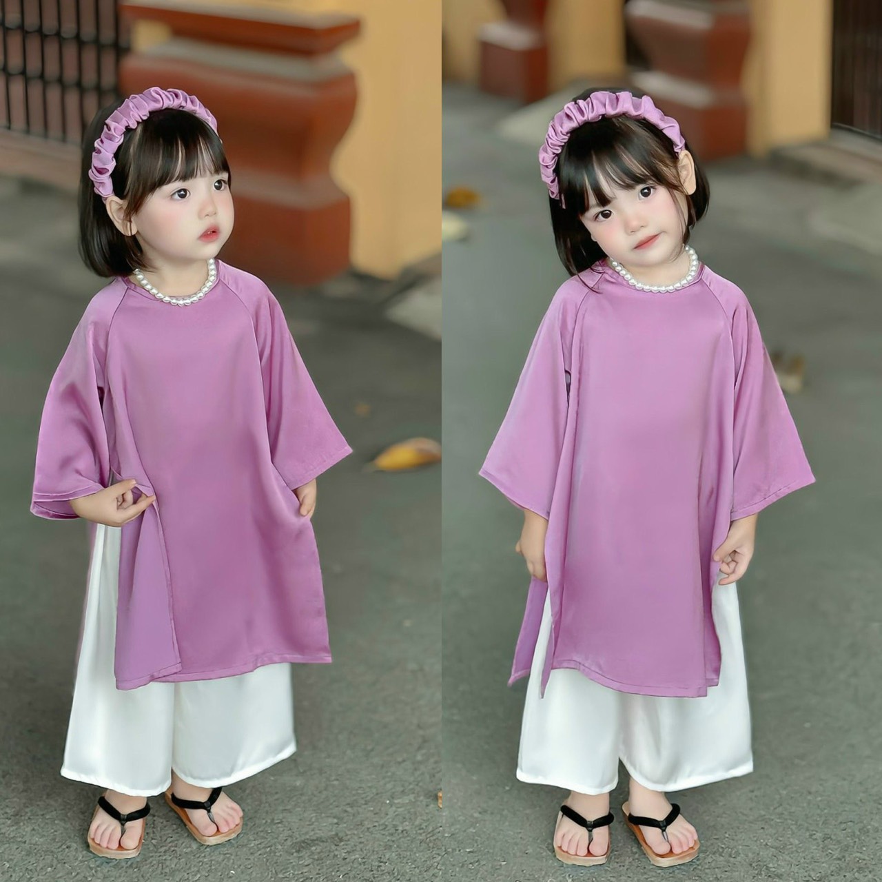 Set áo dài lụa Tím bé gái kèm quần, cài mấn và vòng cổ hạt chuỗi siêu xinh size 100-150