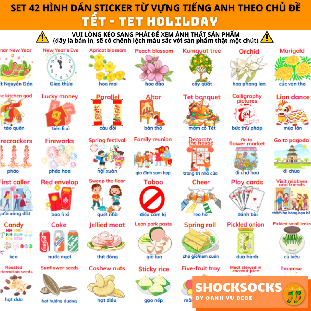 🔥 set 42 hình dán sticker từ vựng tiếng anh chủ đề tết 🔥