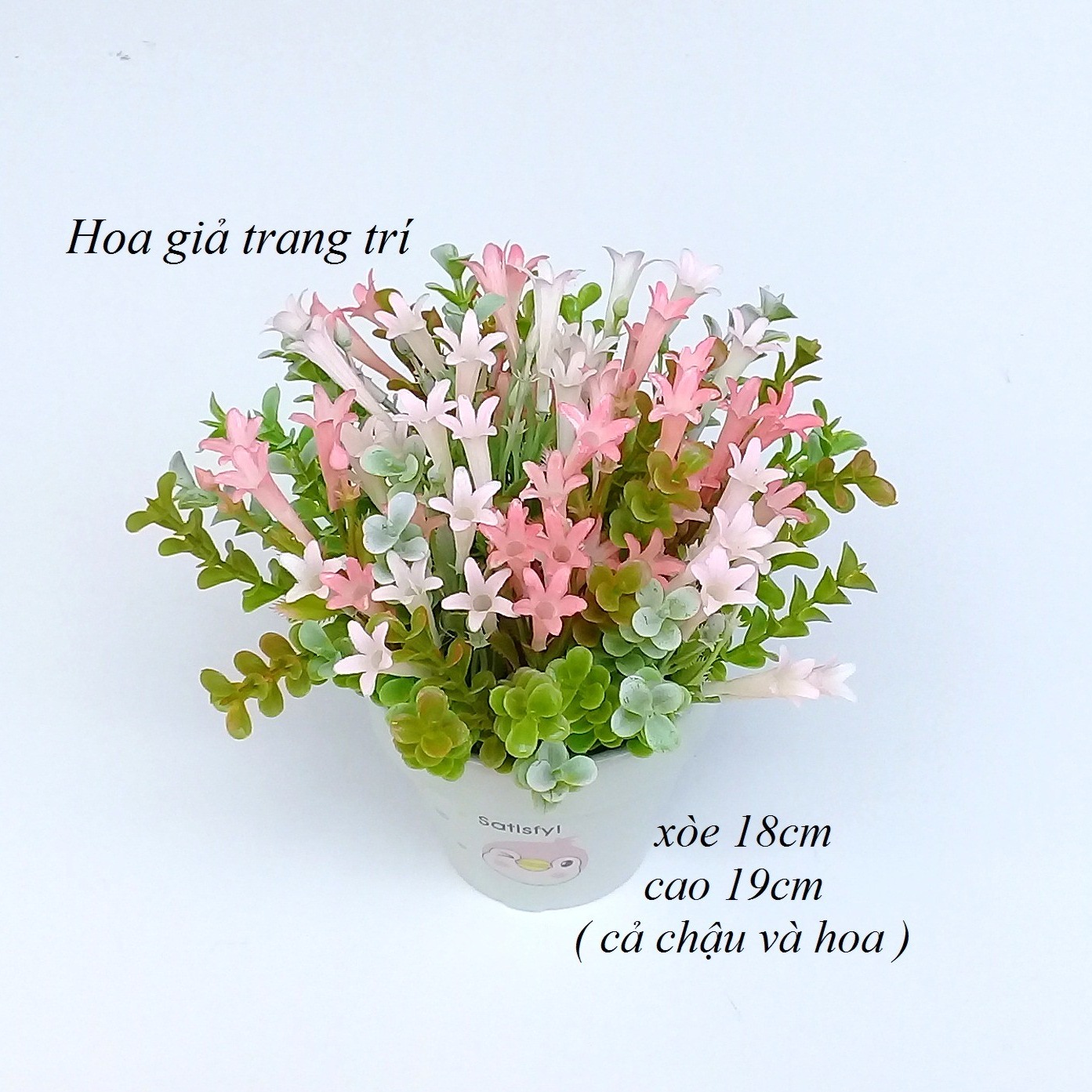 Hoa giả trang trí nhỏ - HOA DẠI HÌNH NGÔI SAO - chậu sứ - hoa giả màu hồng nhạt - cao 19cm, xòe 18cm - hoa để bàn kệ