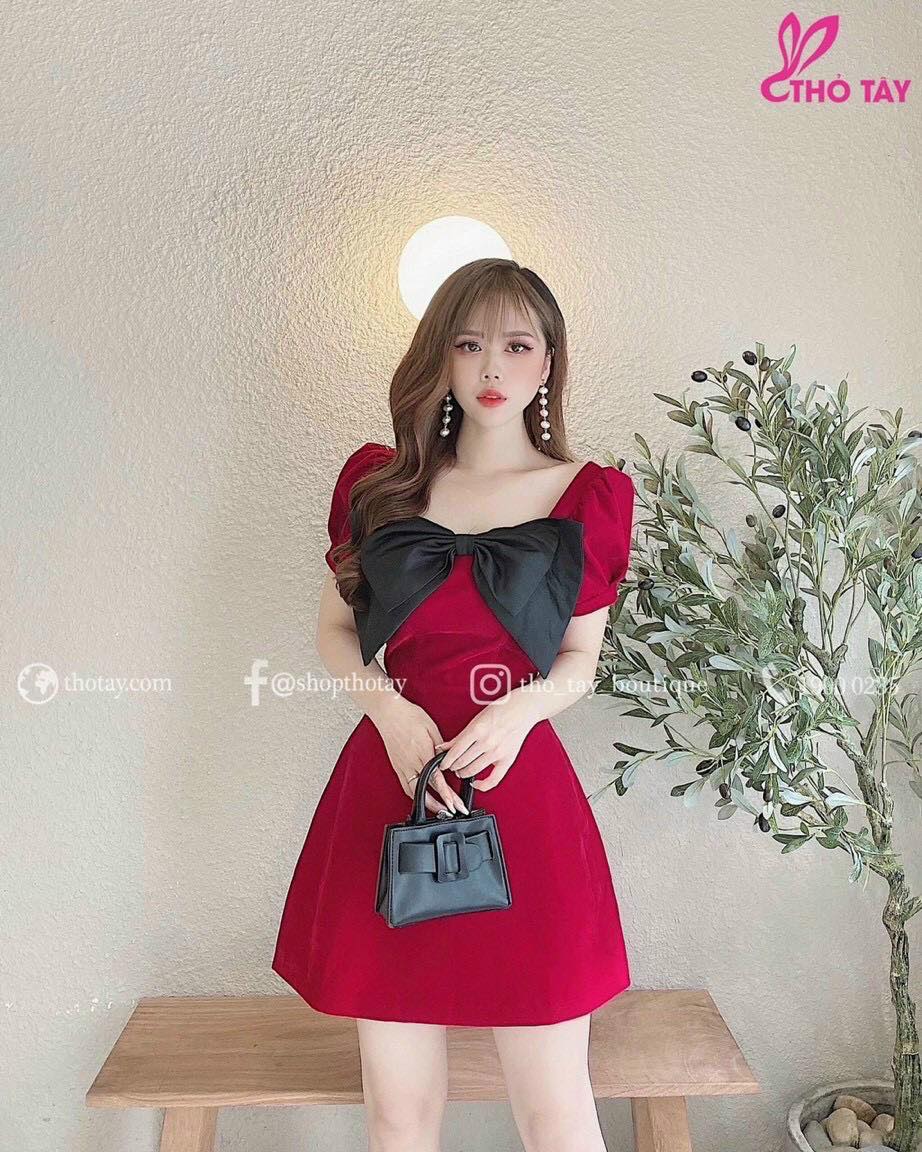 [HCM]Đầm tay phồng đính cườm kiểu dáng sườn xám cách tân xinh xắn duyên dáng việt