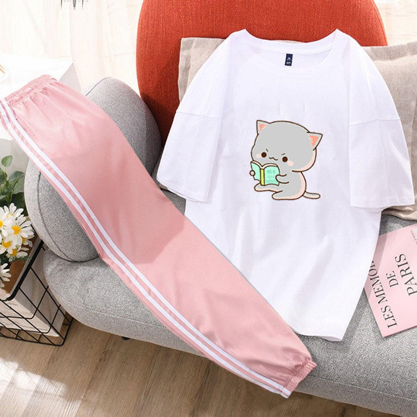 Sét Bộ Quần Áo Nữ Thời Trang Mặc Đi Chơi In Mèo Học Bài Kèm Quần Thun Bo Gấu