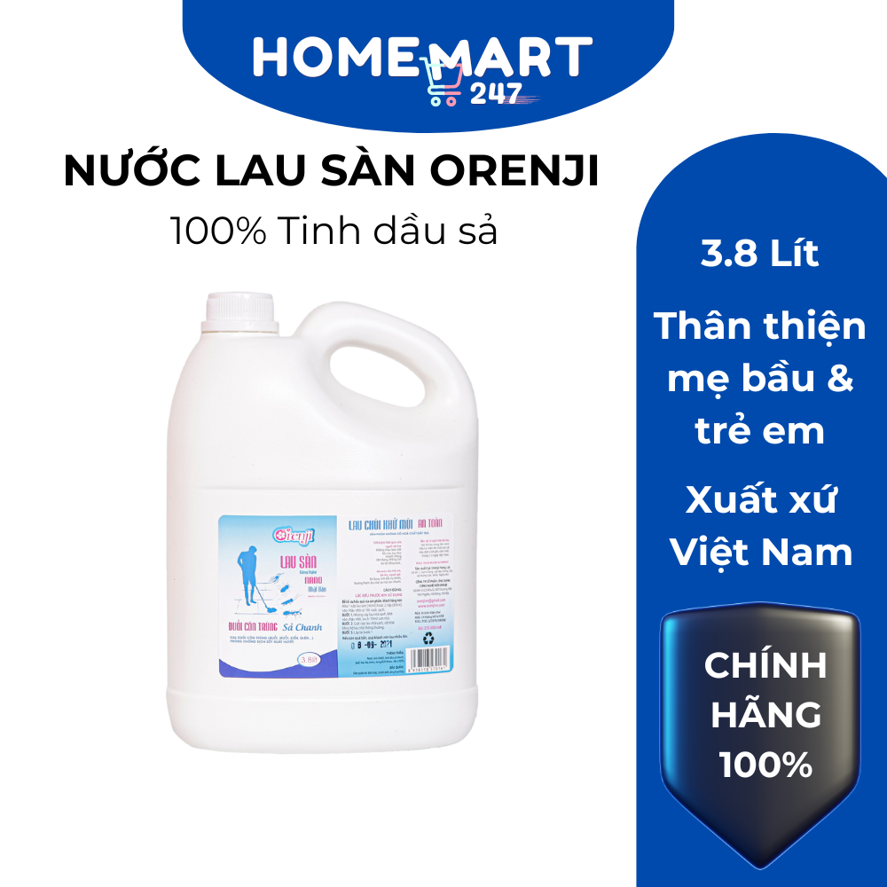 NƯỚC LAU SÀN SẢ CHANH ORENJI 3.8L - AN TOÀN CHO MẸ BẦU VÀ TRẺ EM - NANO BẠC KẾT HỢP VỚI TINH DẦU SẢ CHANH, TRÀM