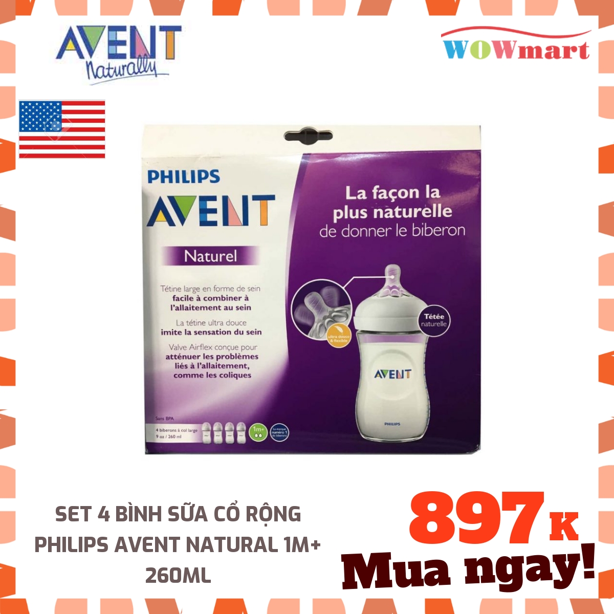 Set 4 bình sữa cổ rộng Philips Avent Natural 1m+ 260ml -