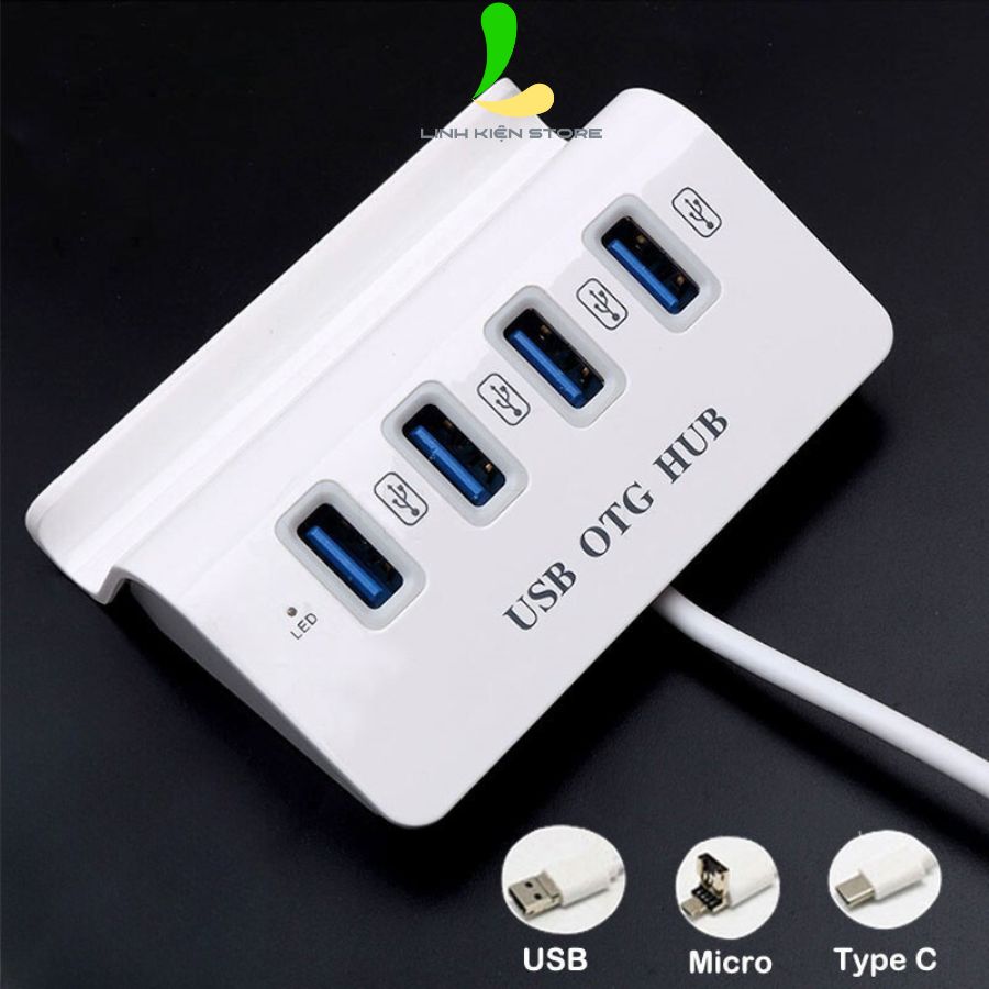 Bộ chia 4 cổng USB kết nối OTG - HUB USB đa năng kết nối đa dạng đầu chuyển tích hợp giá đỡ cho điện thoại