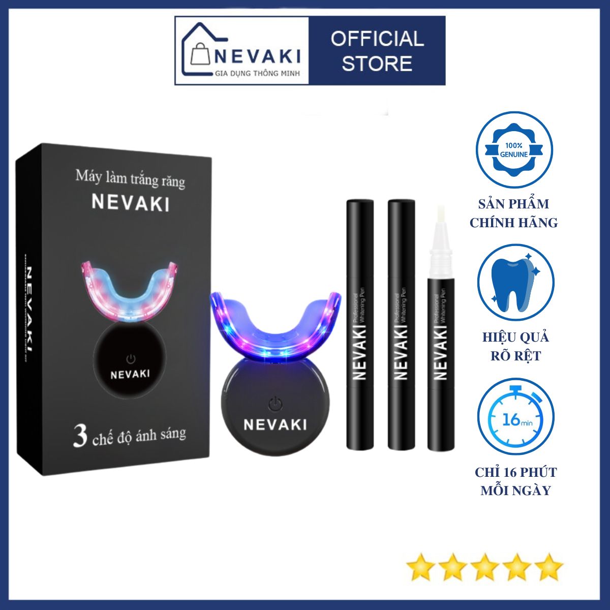 Máy làm trắng răng NEVAKI cho răng trắng bóng tự nhiên tại nhà, trắng từ 3-6 tone sau một liệu trình sử dụng