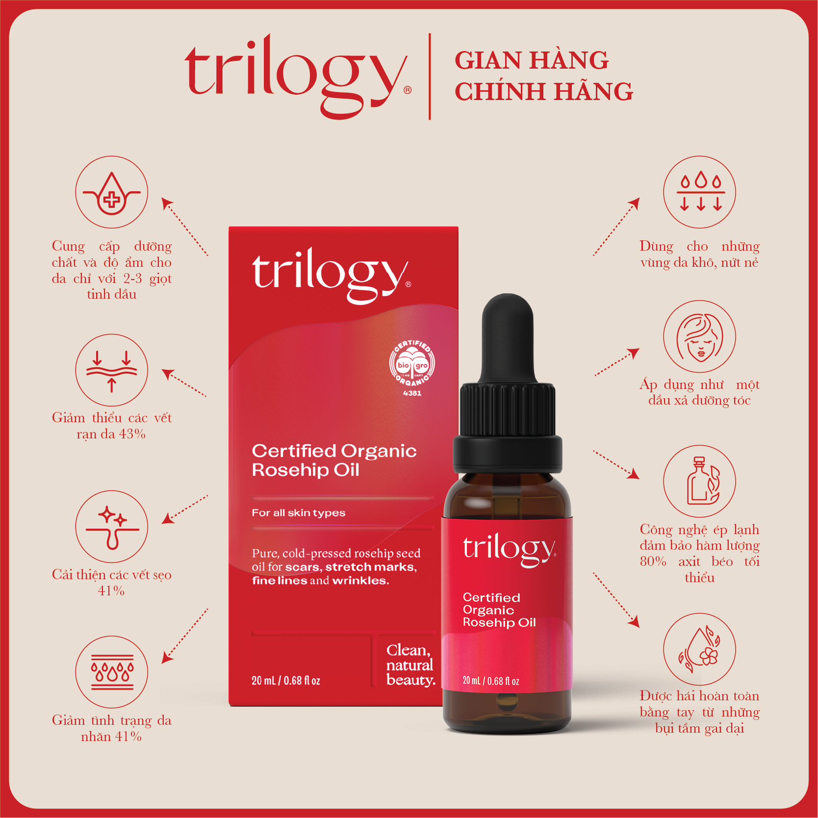 Tinh dầu tầm xuân hữu cơ certified organic rosehip oil - trilogy