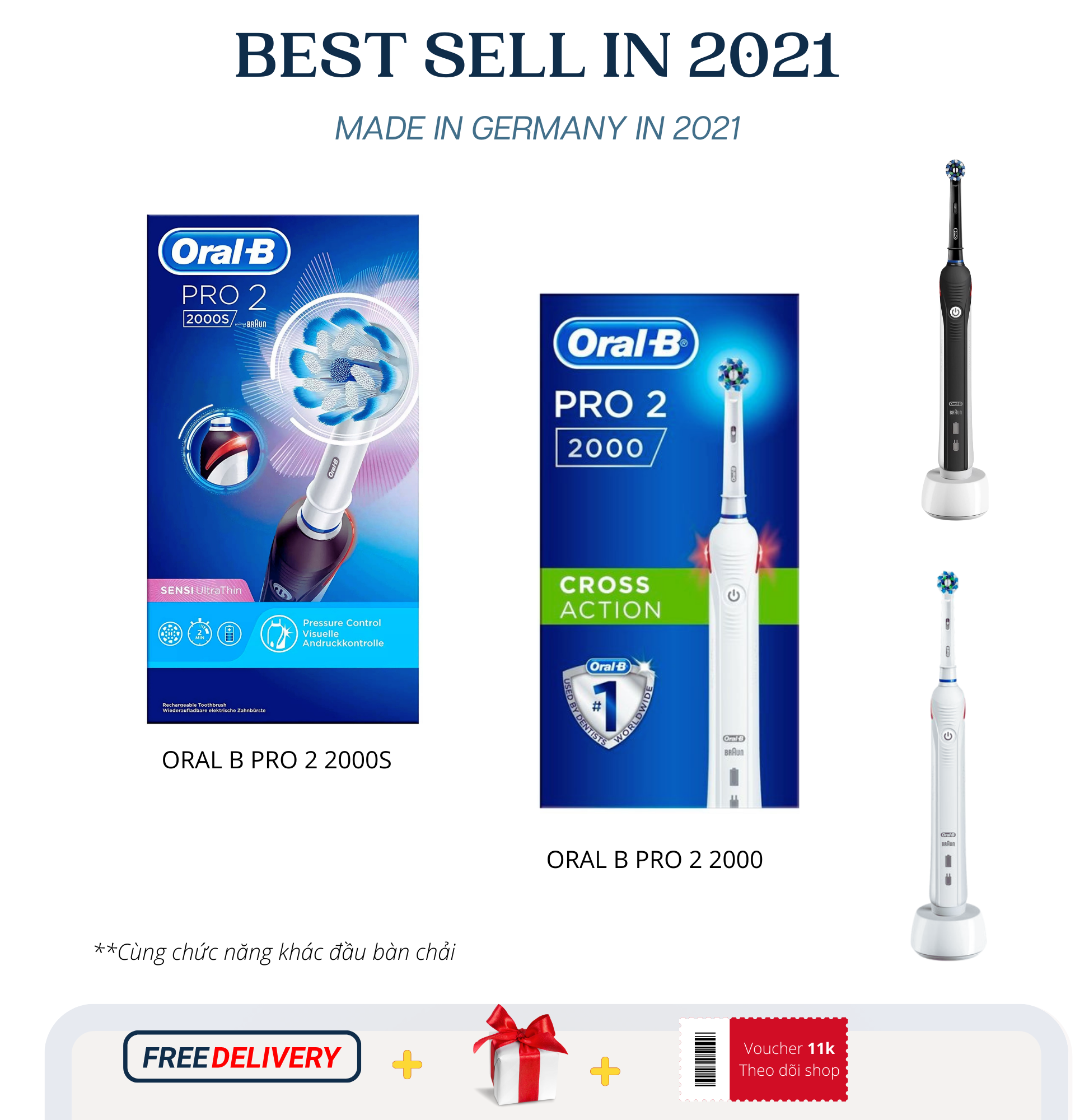 (HCM) Bàn Chải Điện Chống Nước Oral B Pro 2 2000  Đánh Răng Tự Động Có Kèm Đầu Chải Sensin/Cross Action Bảo Vệ Nướu, Made in Germany