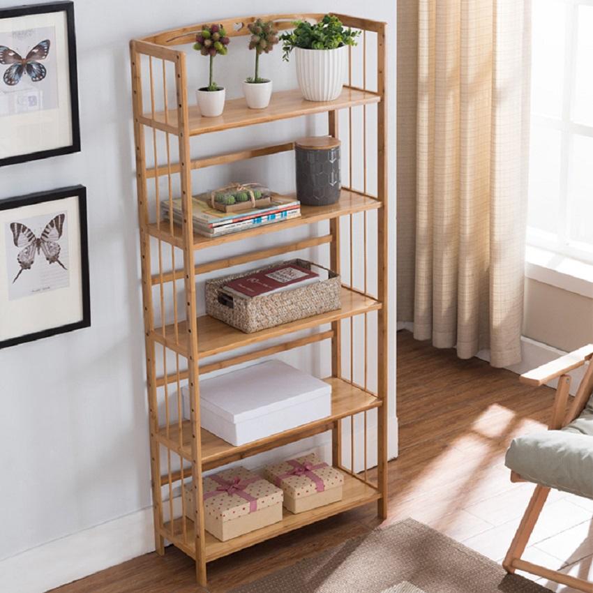 Kệ sách trang trí bằng tre 5 tầng 80x26x155, giá sách 5 tầng