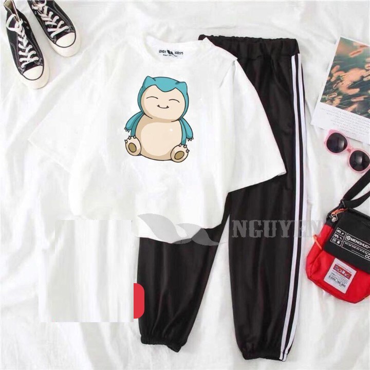 [HAN HAN SHOP 167] Sét Bộ Quần Áo Nữ Mặc Mùa Hè, Mặc Ở Nhà, Áo Phông Cotton Mát Mịn In Vịt Kèm Quần Thun Sọc Bo Gấu