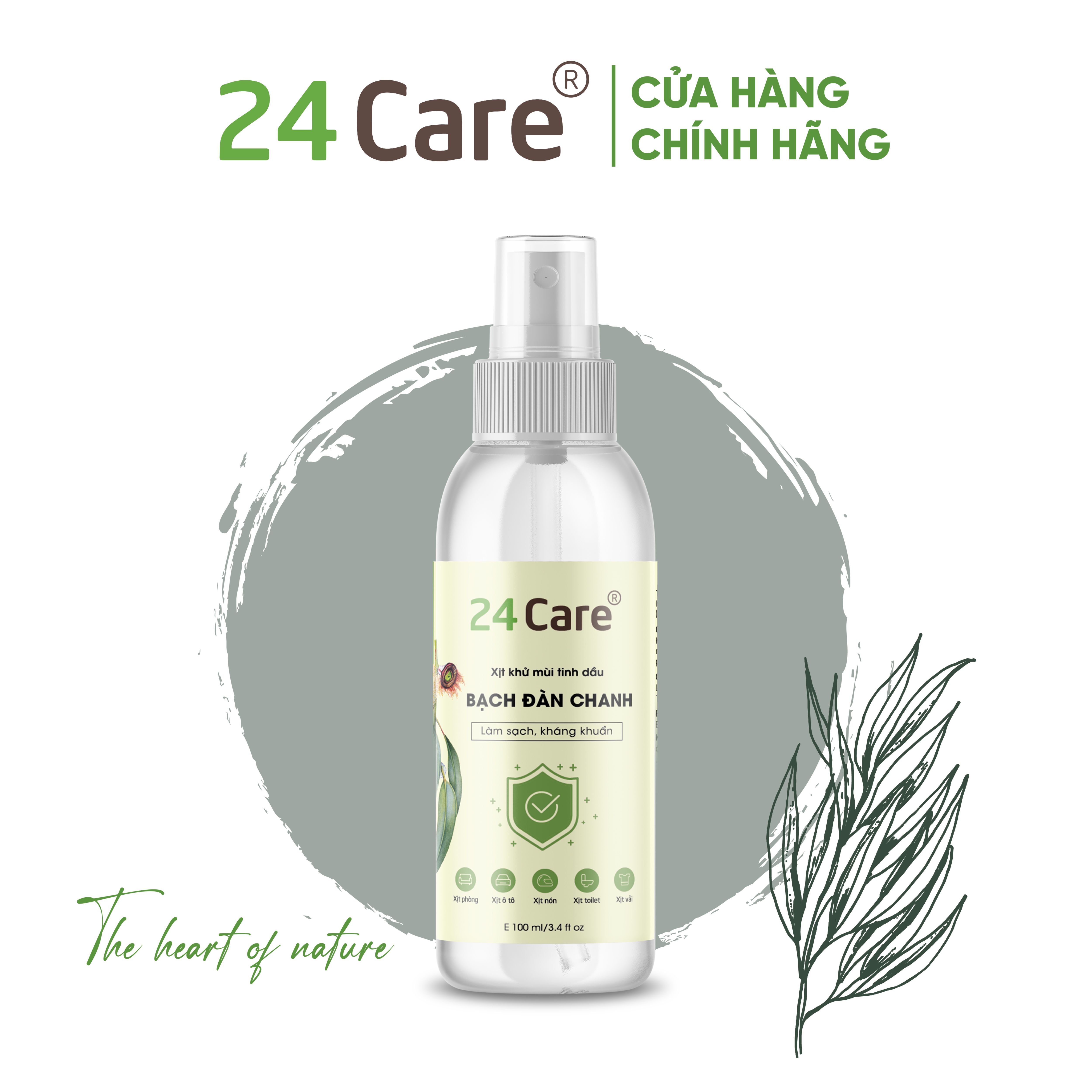 Xịt Phòng Tinh Dầu Bạch Đàn Chanh Hữu Cơ Organic 24Care - Dung tích 50ML/100ML/250ML - Kháng khuẩn - Khử mùi hôi - Đuổi muỗi - côn trùng - Hương thơm mạnh mẽ giúp tái tạo năng lượng nhanh, giảm stress hiệu quả