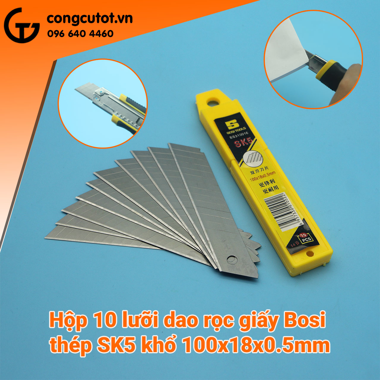 Hộp 10 lưỡi dao rọc giấy Bosi thép SK5 khổ 100x18x0.5mm