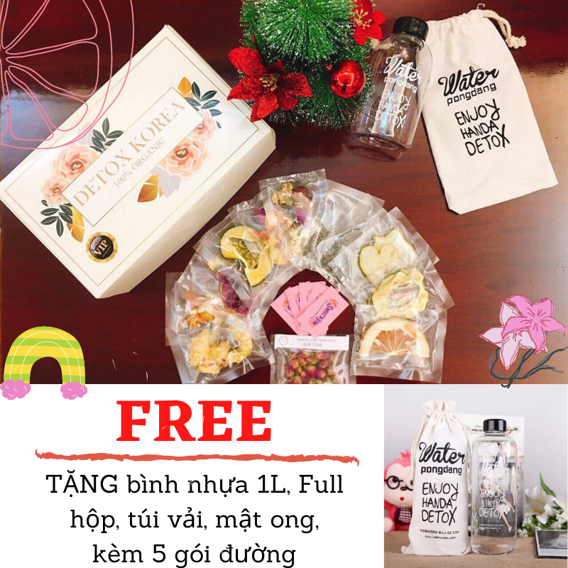 SET 60 Gói Trà Detox hoa quả sấy khô - SET CAO CẤP KÈM MẬT ONG, ĐƯỜNG - Tặng bình nhựa 1000ml, hộp, túi vải