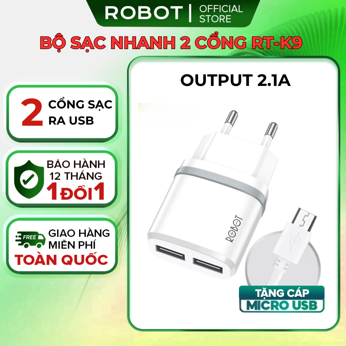 Củ sạc Robot RT-K9 cốc sạc 2 cổng sạc USB kèm cáp sạc micro sạc nhanh tiêu chuẩn 2.1A chip xử lý thông minh tự động điều chỉnh dòng điện dùng cho samsung iphone htc xiaomi asus vivo oppo huawei realme google l hàng chính hãng