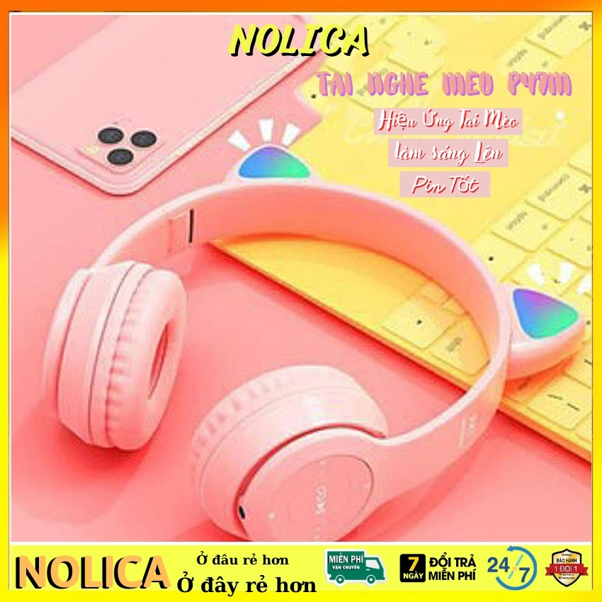 Tai nghe mèo bluetooth P47m  cute dễ thương phát sáng 7 màu có mic không dây chụp tai con mèo giá rẻ chính hãng xịn NOLICA TN47M