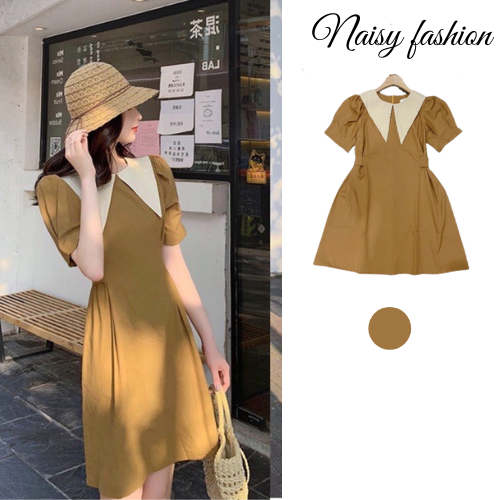 [Siêu Hot] Váy Nâu Cổ Phối Tay Phồng , Đầm Nữ Thiết Kế Tay Cộc Dáng Suông Có Ảnh Thật Kèm Video