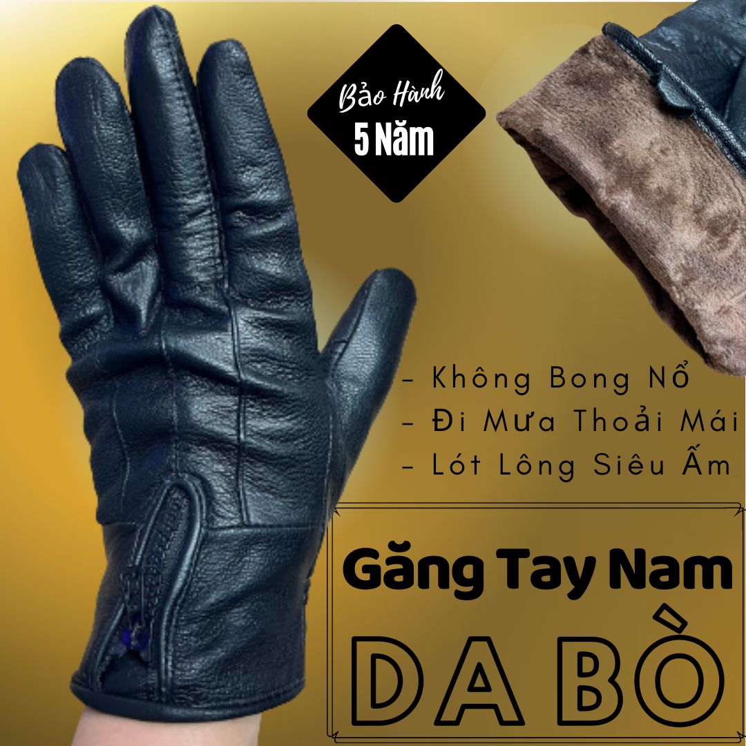 Găng Tay Da Nam Chất Da Bò Kéo Khóa Màu Đen, Đi Mưa Thoải Mái Không Bong Nổ, Không Ngấm Nước, Dễ Lái Xe - Bảo Hành Da Thật 3 Năm - ALPHA EYE