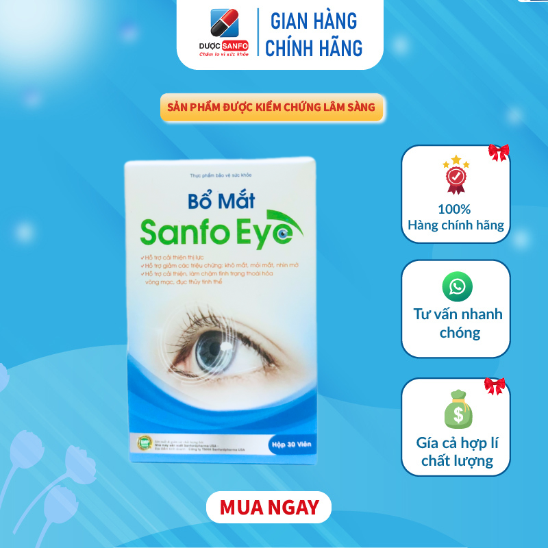 Viên uống bổ mắt Sanfo Eya giảm nguy cơ thoái hoá võng mạc, đục tinh thể, Cải thiện thị lực, giảm khô mắt mỏi mắt- Hộp 30 viên Dược Sanfo