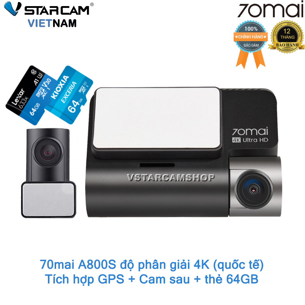 Camera hành trình 70mai A800S 4K ghi hình cả trước và sau, bản quốc tế - Bảo hành 12 tháng