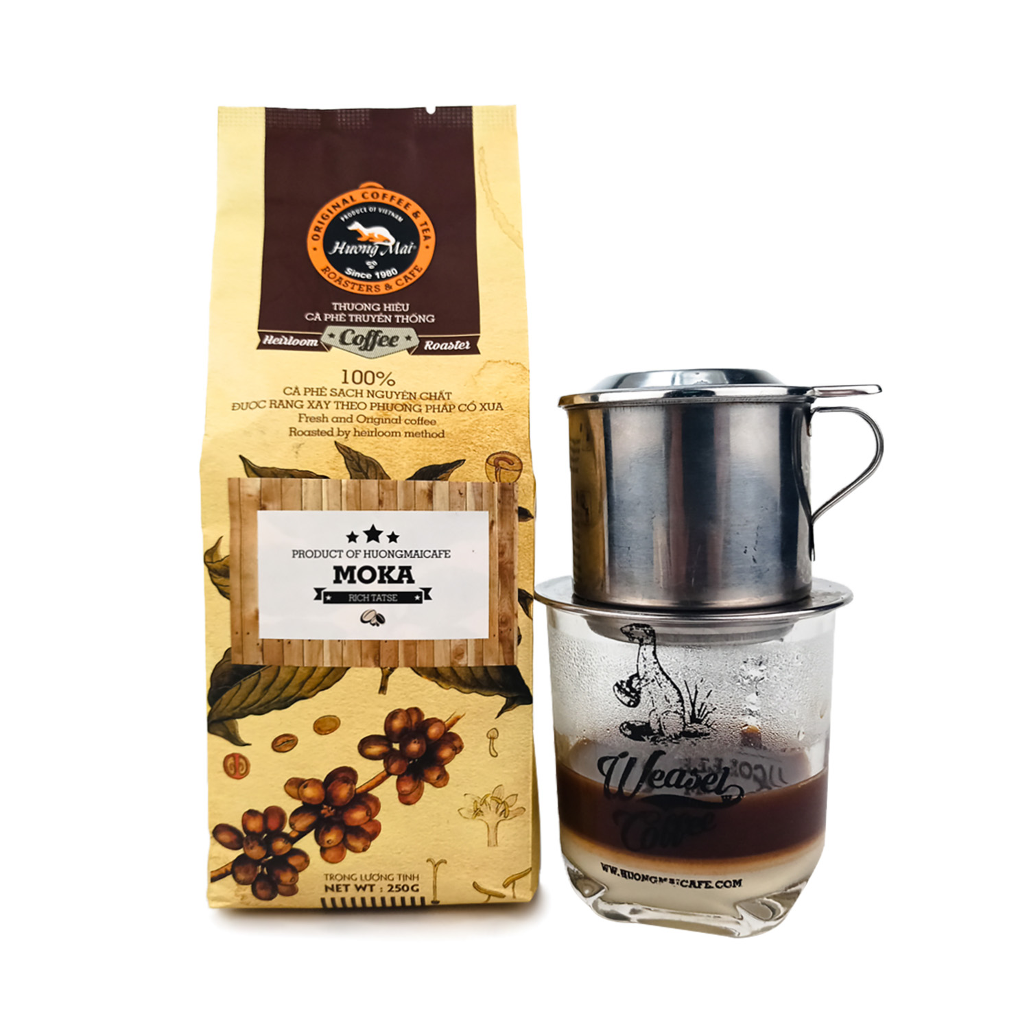 Cà phê rang xay Arabica nguyên chất 100% Hương Mai Cafe Moka Coffee (Rich Taste) không hương liệu, không tạp chất - Dạng bột 250g