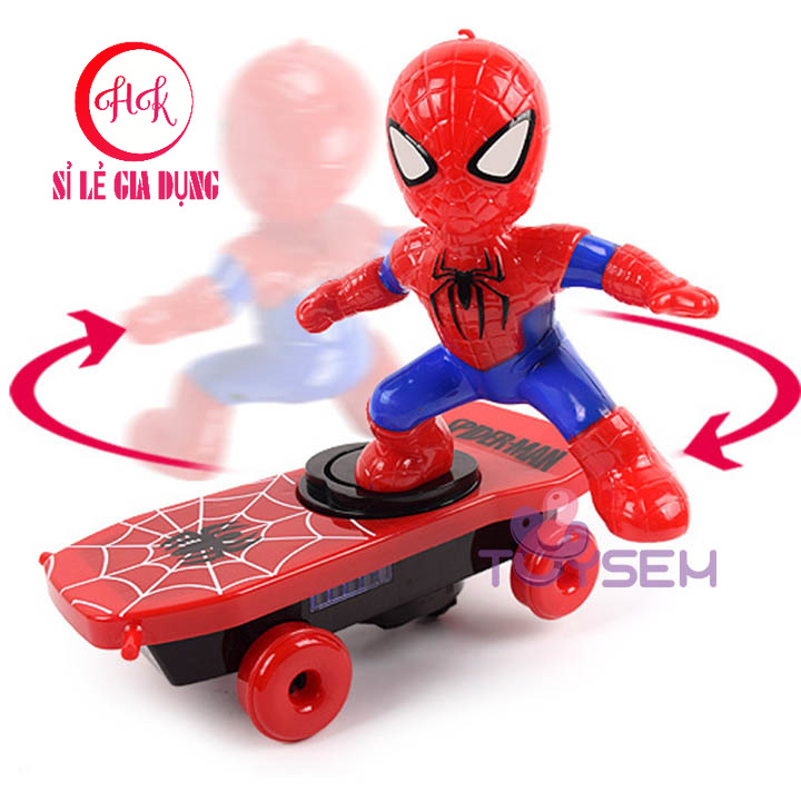 Bộ đồ chơi người nhện lướt ván có đèn và nhạc xoay 360 độ - Đồ chơi trẻ em dành cho bé trai, bé gái cute từ 3 tuổi trở lên - Quà tặng sinh nhật cho các bé - spiderman stunt scooter