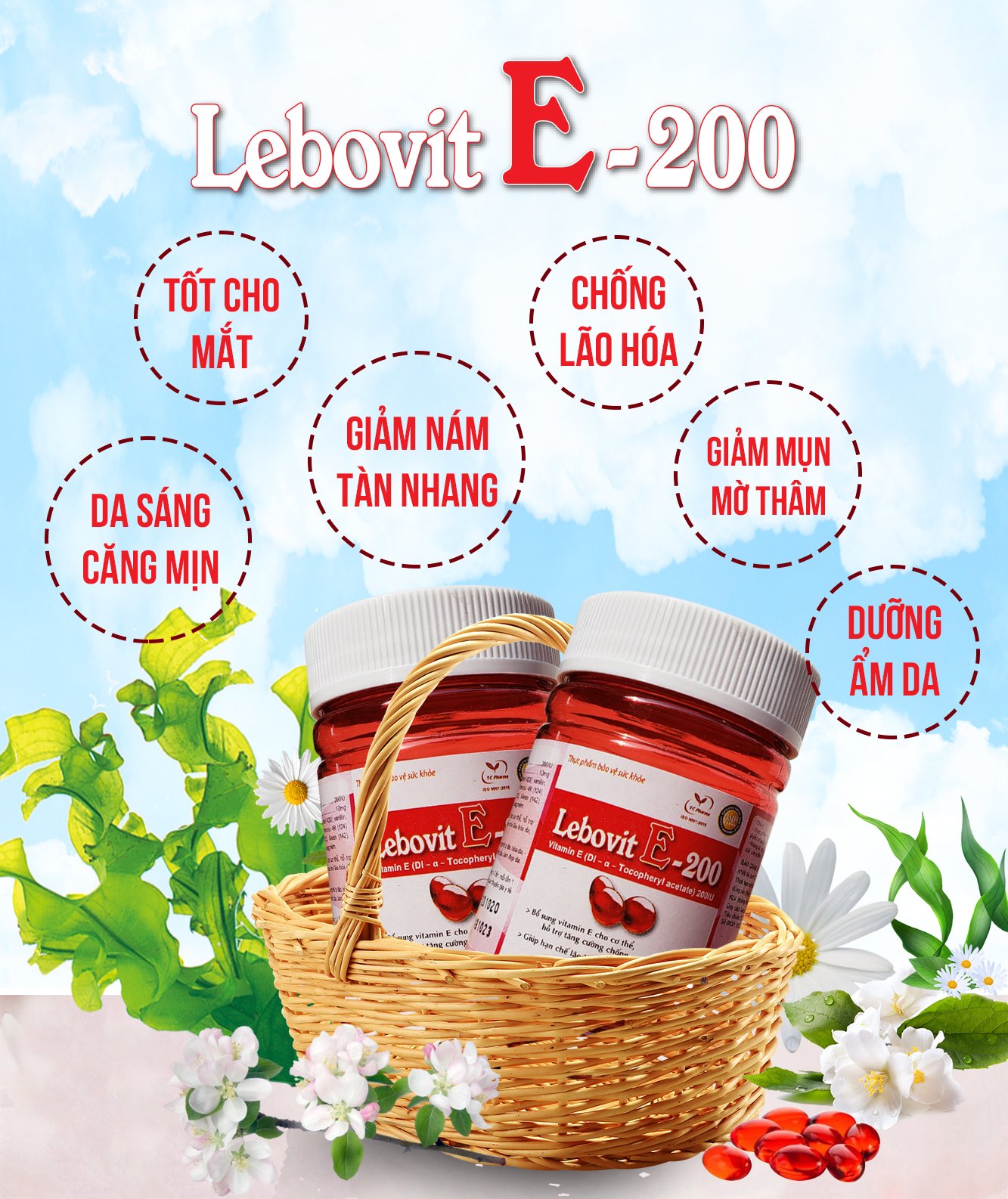 Vitamin E - Thực phẩm bảo vệ sức khỏe làm đẹp da Lebovit E-200 hộp 60 viên