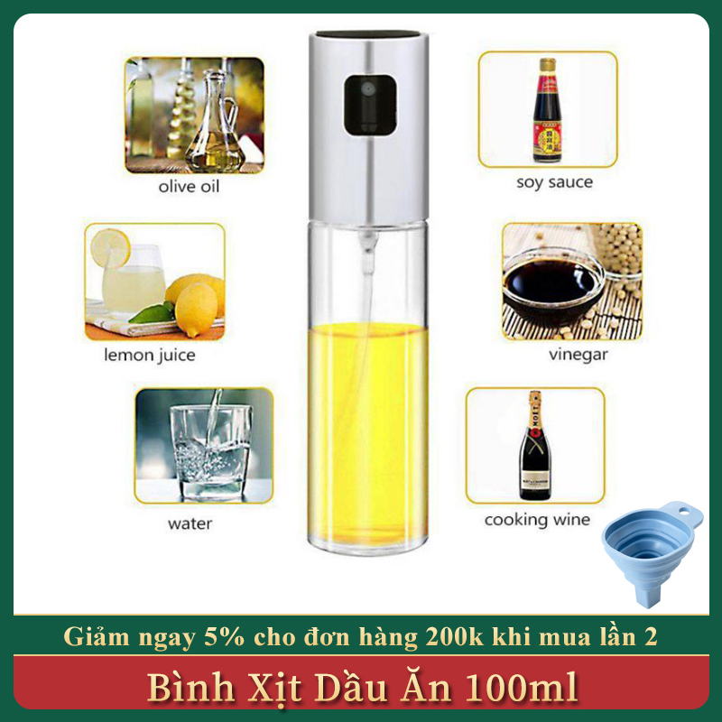 [Tặng Phễu Rót Dầu] Bình Xịt Dầu Ăn, Bình Thủy Tinh Xịt Dầu Ăn, Chai Xịt Dầu, Giấm, RƯỢU Vang, Gia Vị Dung Tích 100ml
