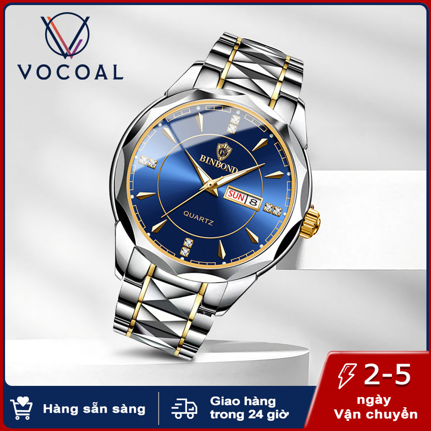 Vocoal đồng hồ nam doanh nhân 2022 mặt đính đá dây thép không gỉ cao cấp đồng hồ lịch ngày thạch anh phong cách