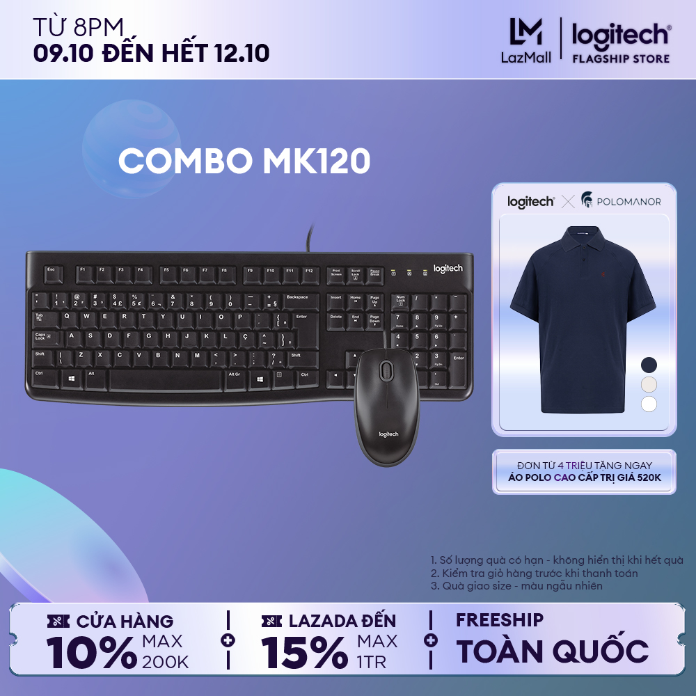 Combo chuột phím có dây Logitech MK120 - Kích thước đầy đủ có phím số, bền bỉ, dễ điều hướng, chống tràn