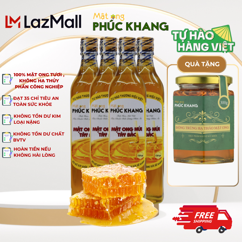 Combo 4 Chai Mật Ong Rừng Tây Bắc Phúc Khang 720g Hữu Cơ Nguyên Chất Thiên Nhiên Bổ Dưỡng Xuất Xứ Việt Nam Hàng Chính Hãng Thu Hoạch 2025 Tặng Hũ Đông Trùng Hạ Thảo